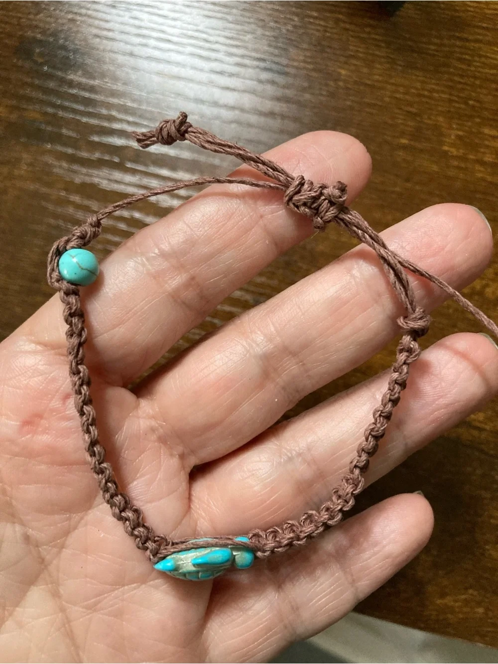 Hand Crafted Brown Cord Bracelet with Turquoise Turtle Accent